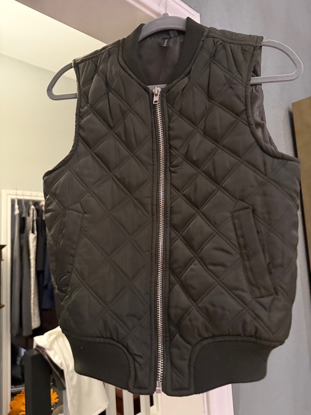 The Story Quilted Zipper Front Puffer Vest in Olive